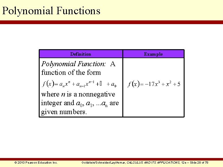 Polynomial Functions Definition Example Polynomial Function: A function of the form where n is