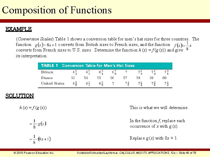 Composition of Functions EXAMPLE (Conversion Scales) Table 1 shows a conversion table for men’s