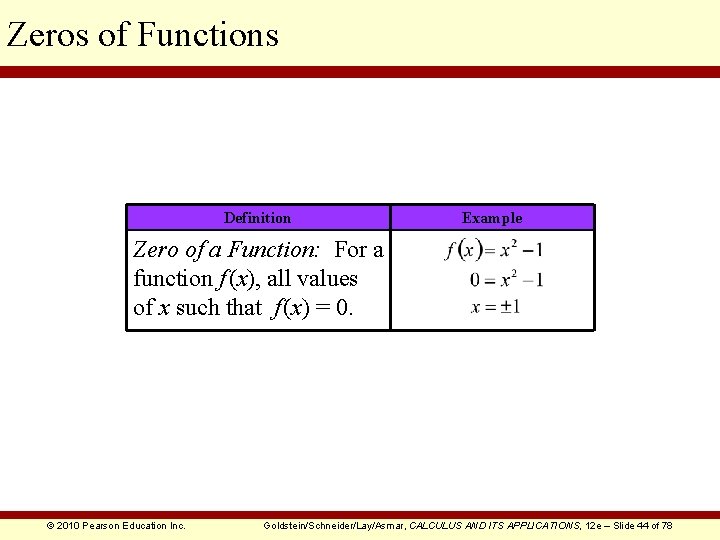 Zeros of Functions Definition Example Zero of a Function: For a function f (x),