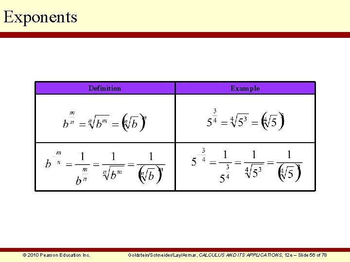 Exponents Definition © 2010 Pearson Education Inc. Example Goldstein/Schneider/Lay/Asmar, CALCULUS AND ITS APPLICATIONS, 12