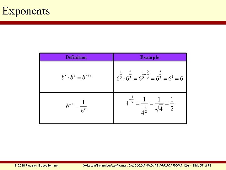 Exponents Definition © 2010 Pearson Education Inc. Example Goldstein/Schneider/Lay/Asmar, CALCULUS AND ITS APPLICATIONS, 12