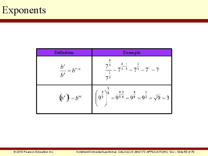 Exponents Definition © 2010 Pearson Education Inc. Example Goldstein/Schneider/Lay/Asmar, CALCULUS AND ITS APPLICATIONS, 12