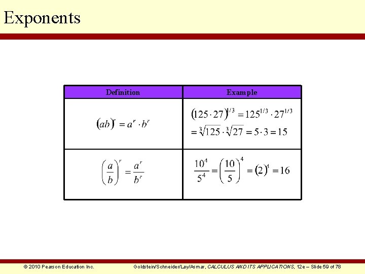 Exponents Definition © 2010 Pearson Education Inc. Example Goldstein/Schneider/Lay/Asmar, CALCULUS AND ITS APPLICATIONS, 12