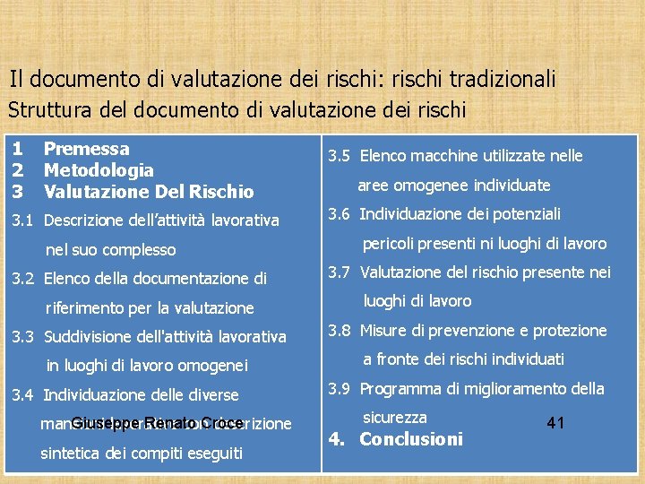 Il documento di valutazione dei rischi: rischi tradizionali Struttura del documento di valutazione dei