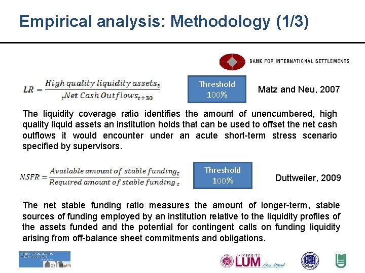 Empirical analysis: Methodology (1/3) Threshold 100% Matz and Neu, 2007 The liquidity coverage ratio