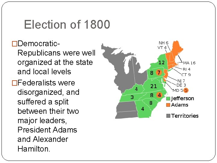 Election of 1800 �Democratic- Republicans were well organized at the state and local levels