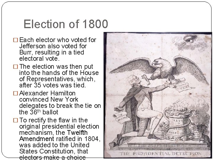 Election of 1800 � Each elector who voted for Jefferson also voted for Burr,