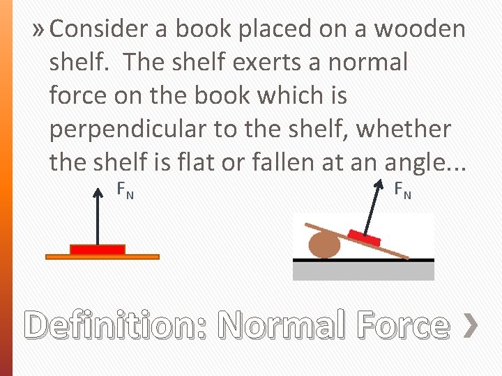 » Consider a book placed on a wooden shelf. The shelf exerts a normal
