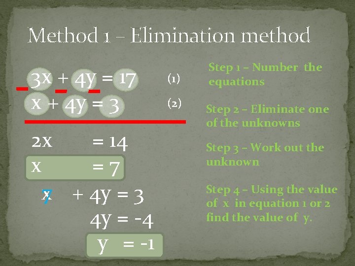 Method 1 – Elimination method 3 x + 4 y = 17 x +