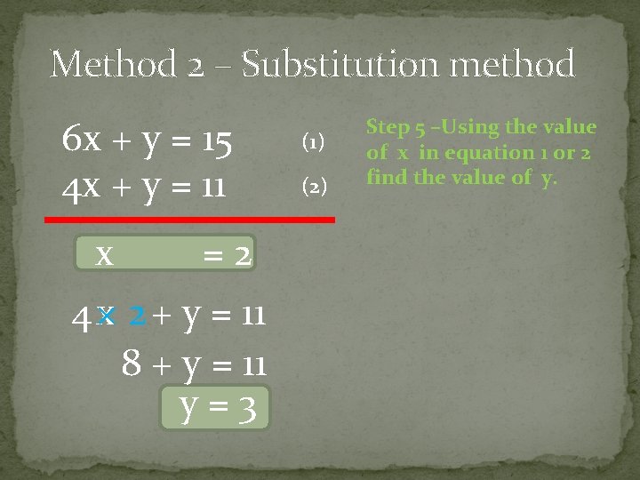 Method 2 – Substitution method 6 x + y = 15 4 x +