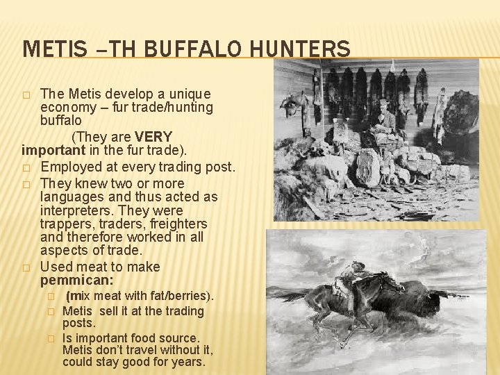 METIS –TH BUFFALO HUNTERS The Metis develop a unique economy – fur trade/hunting buffalo