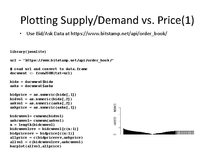 Plotting Supply/Demand vs. Price(1) • Use Bid/Ask Data at https: //www. bitstamp. net/api/order_book/ library(jsonlite) Plotting Supply/Demand vs. Price(1) • Use Bid/Ask Data at https: //www. bitstamp. net/api/order_book/ library(jsonlite)