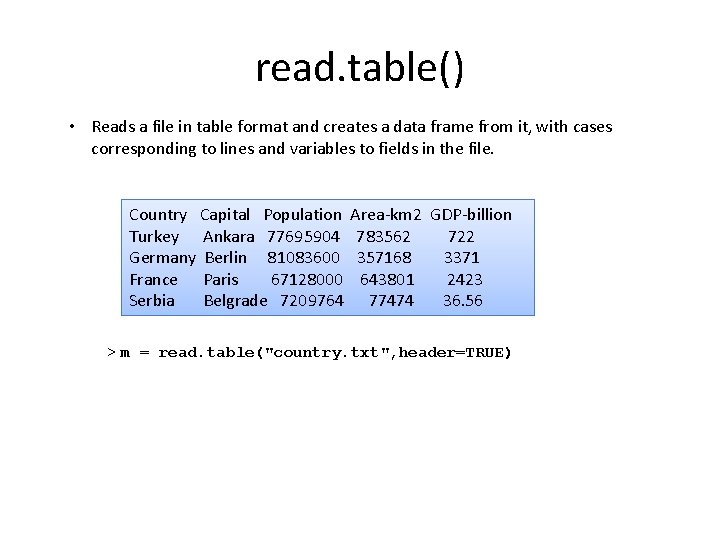 read. table() • Reads a file in table format and creates a data frame