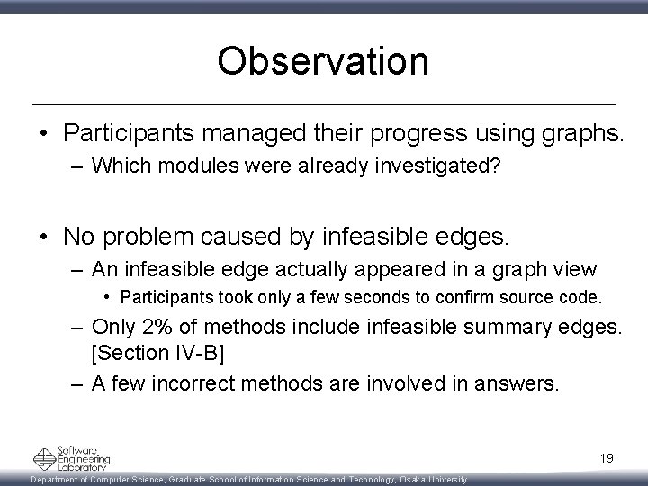 Observation • Participants managed their progress using graphs. – Which modules were already investigated?