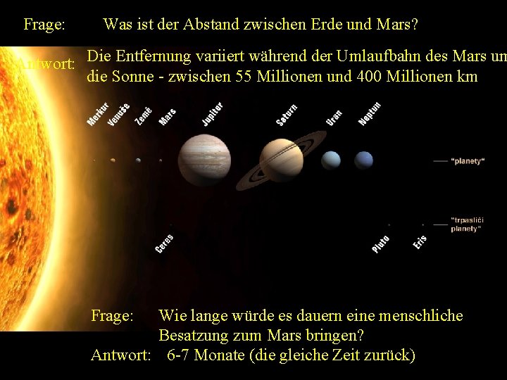 Frage: Was ist der Abstand zwischen Erde und Mars? Antwort: Die Entfernung variiert während