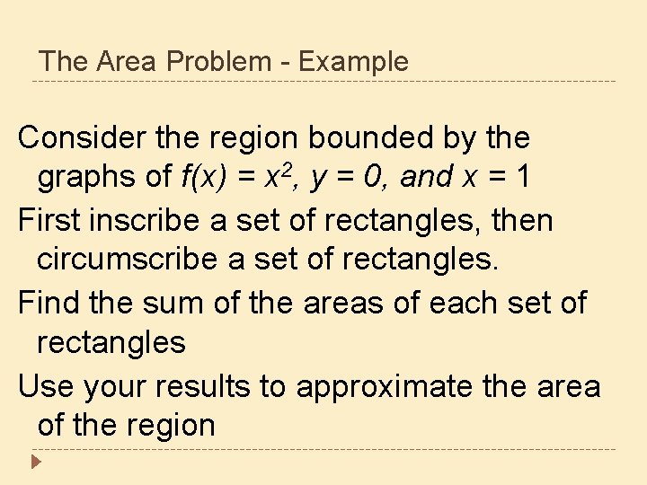 The Area Problem - Example Consider the region bounded by the graphs of f(x)
