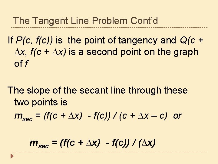 The Tangent Line Problem Cont’d If P(c, f(c)) is the point of tangency and