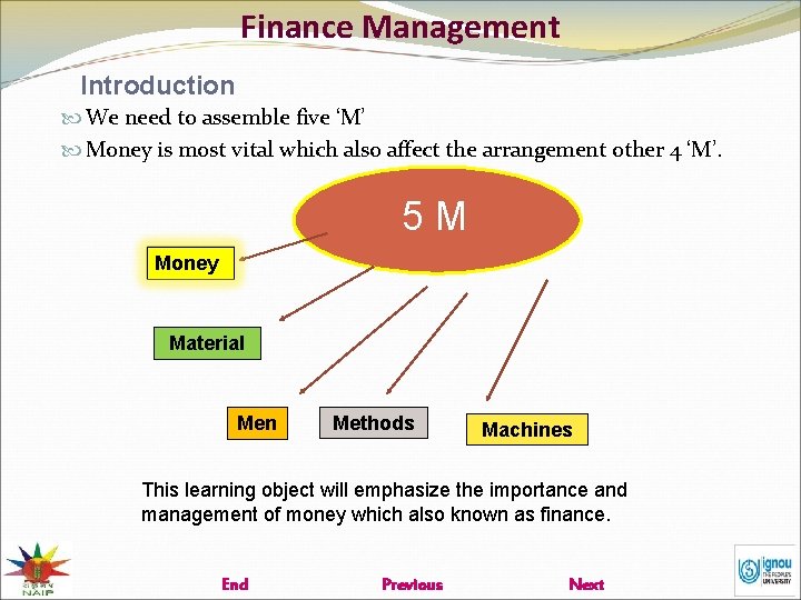 Finance Management Introduction We need to assemble five ‘M’ Money is most vital which