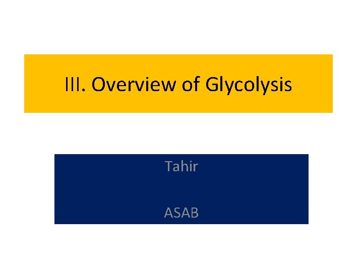 III. Overview of Glycolysis Tahir ASAB 