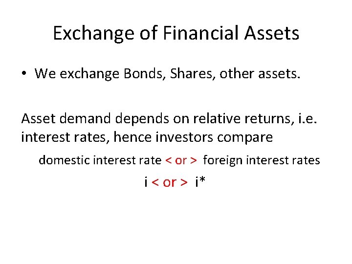 Exchange of Financial Assets • We exchange Bonds, Shares, other assets. Asset demand depends