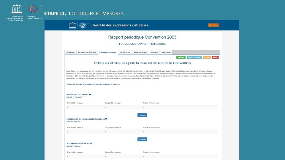 ETAPE 11. POLITIQUES ET MESURES. 