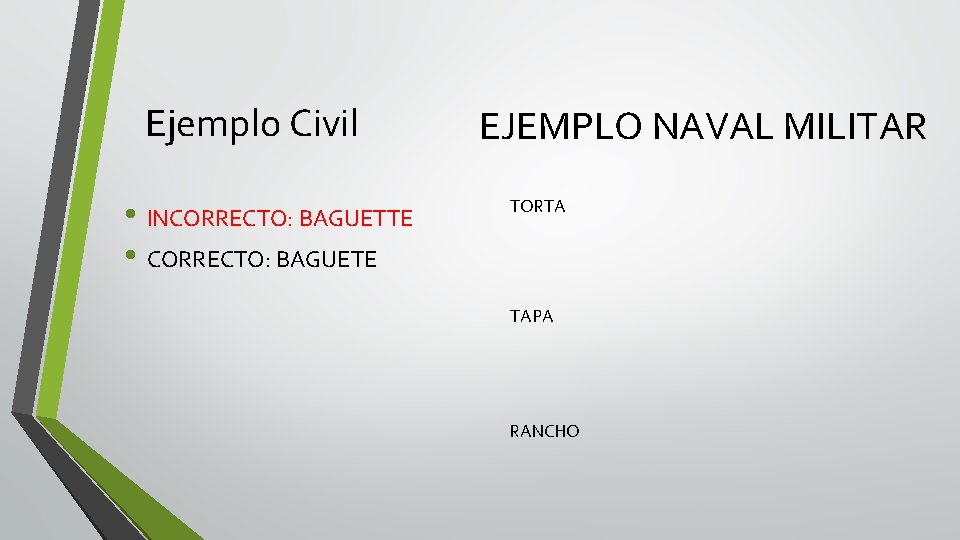 Ejemplo Civil • INCORRECTO: BAGUETTE • CORRECTO: BAGUETE EJEMPLO NAVAL MILITAR TORTA TAPA RANCHO
