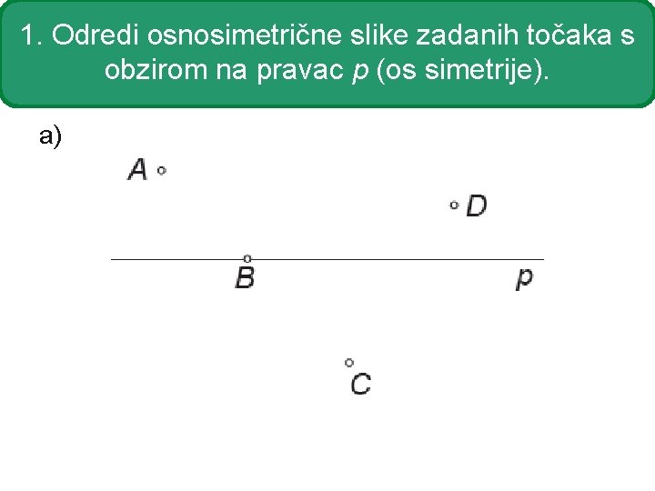 1. Odredi osnosimetrične slike zadanih točaka s obzirom na pravac p (os simetrije). a)
