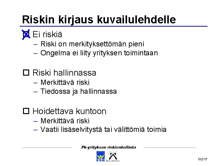 Riskin kirjaus kuvailulehdelle Ei riskiä – Riski on merkityksettömän pieni – Ongelma ei liity