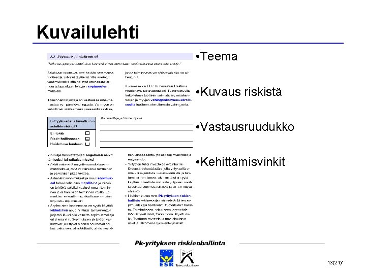 Kuvailulehti • Teema • Kuvaus riskistä • Vastausruudukko • Kehittämisvinkit 13(21)* 