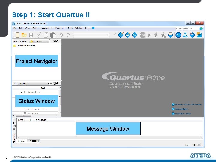 Step 1: Start Quartus II Project Navigator Status Window Message Window 4 