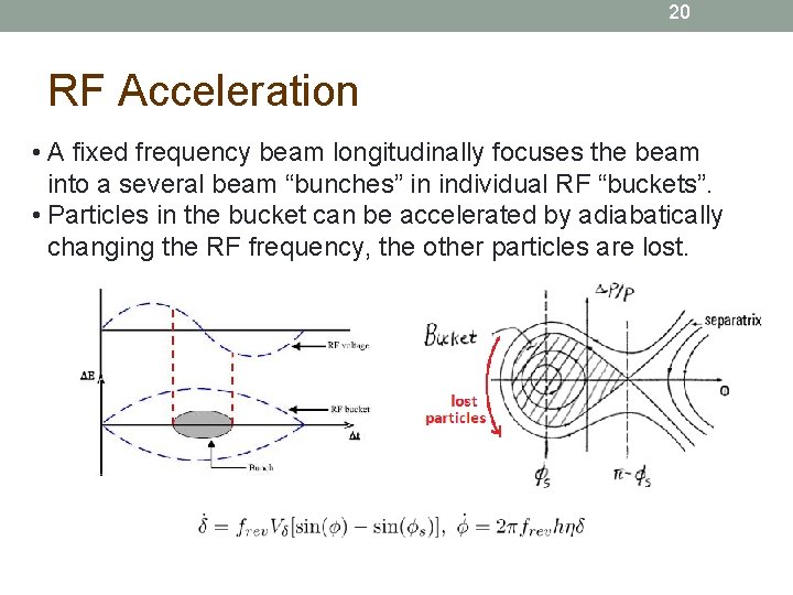 20 RF Acceleration • A fixed frequency beam longitudinally focuses the beam into a