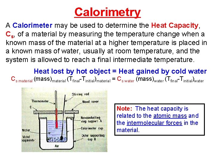 Calorimetry A Calorimeter may be used to determine the Heat Capacity, Cs, of a