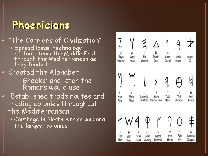 Phoenicians • “The Carriers of Civilization” • Spread ideas, technology, customs from the Middle