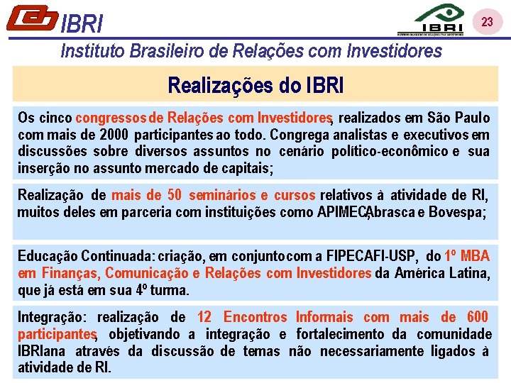 IBRI 23 Instituto Brasileiro de Relações com Investidores Realizações do IBRI Os cinco congressos