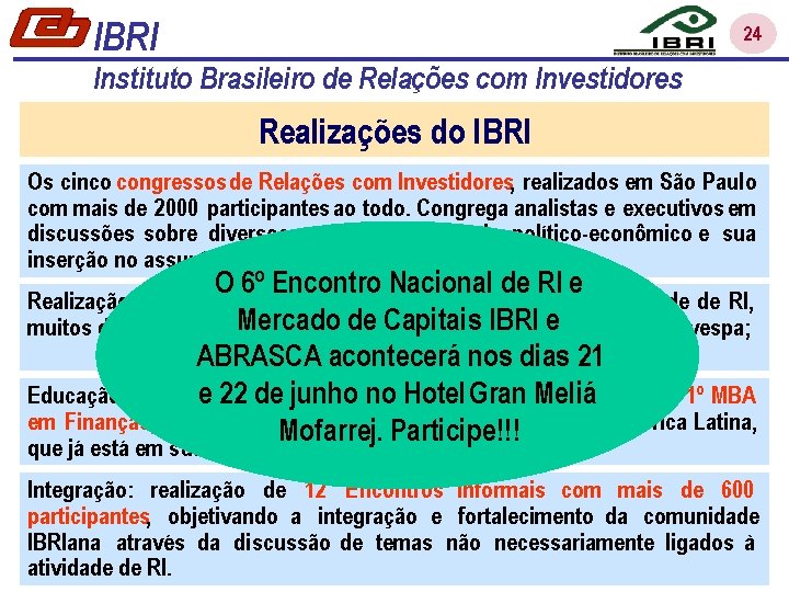 IBRI 24 Instituto Brasileiro de Relações com Investidores Realizações do IBRI Os cinco congressos