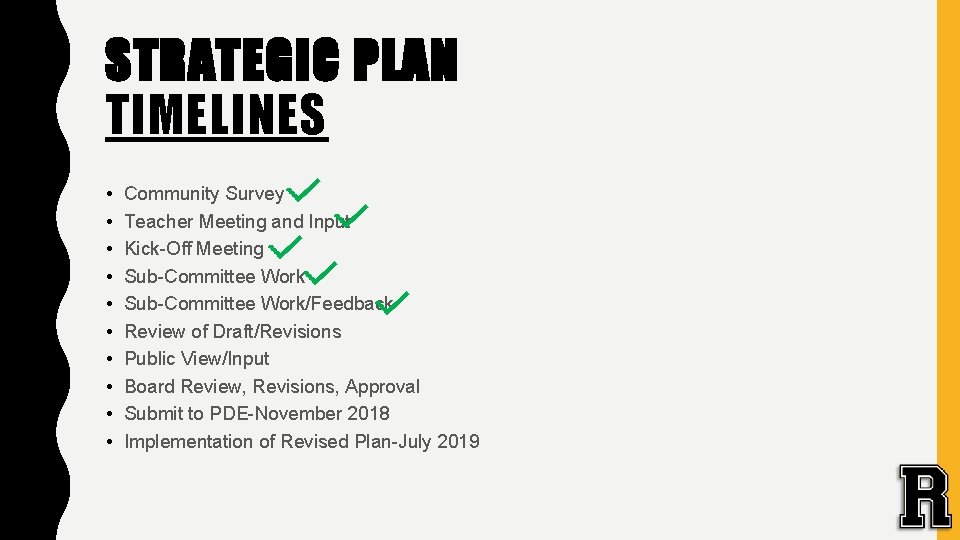 STRATEGIC PLAN TIMELINES • • • Community Survey Teacher Meeting and Input Kick-Off Meeting