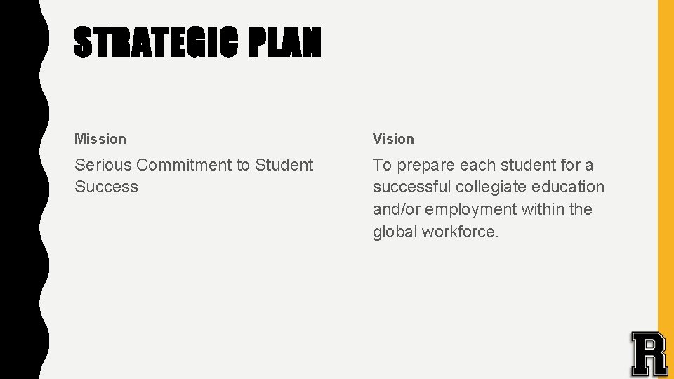 STRATEGIC PLAN Mission Vision Serious Commitment to Student Success To prepare each student for