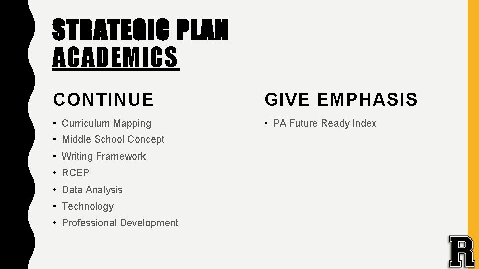 STRATEGIC PLAN ACADEMICS CONTINUE GIVE EMPHASIS • Curriculum Mapping • PA Future Ready Index