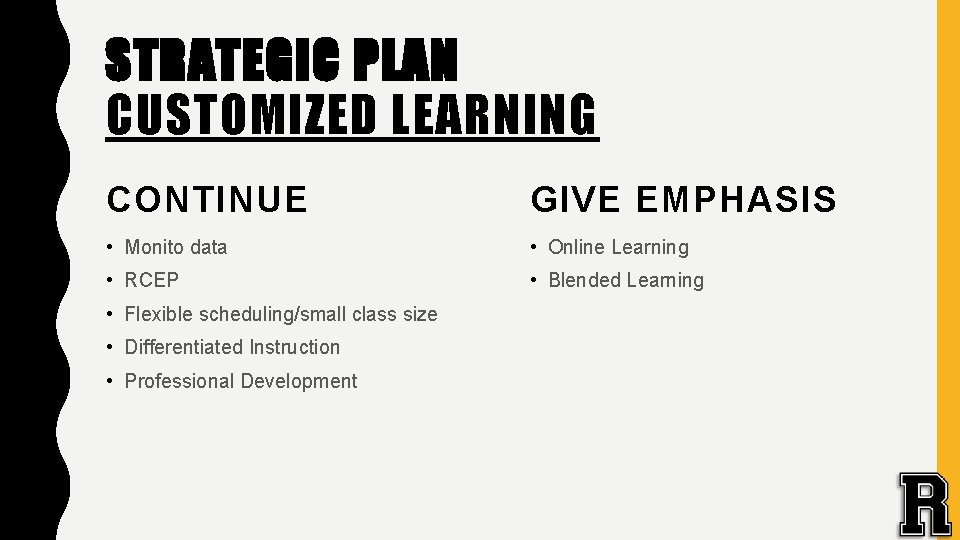 STRATEGIC PLAN CUSTOMIZED LEARNING CONTINUE GIVE EMPHASIS • Monito data • Online Learning •