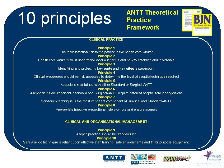 10 principles ANTT Theoretical Practice Framework CLINICAL PRACTICE Principle 1 The main infection risk