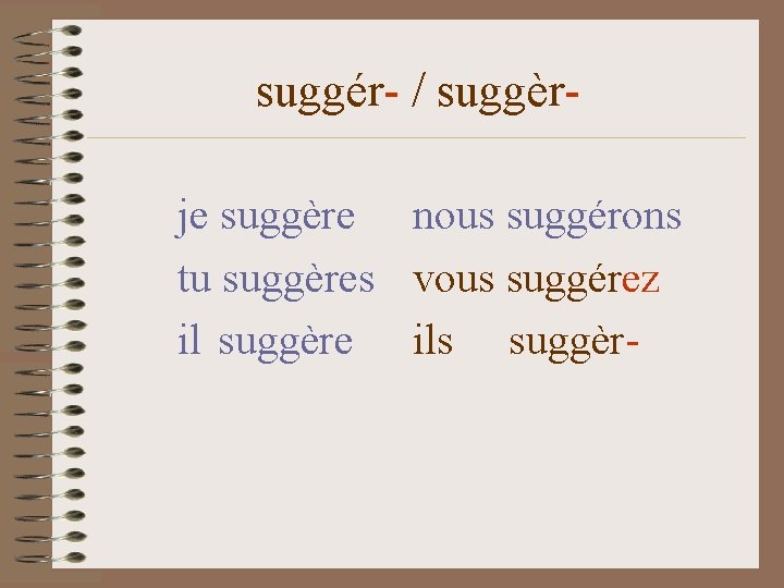 suggér- / suggèrje suggère nous suggérons tu suggères vous suggérez il suggère ils suggèr-