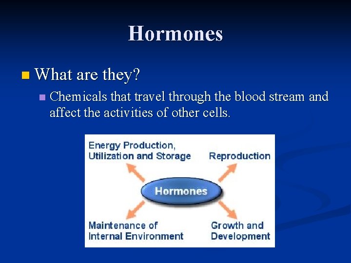 Hormones n What are they? n Chemicals that travel through the blood stream and