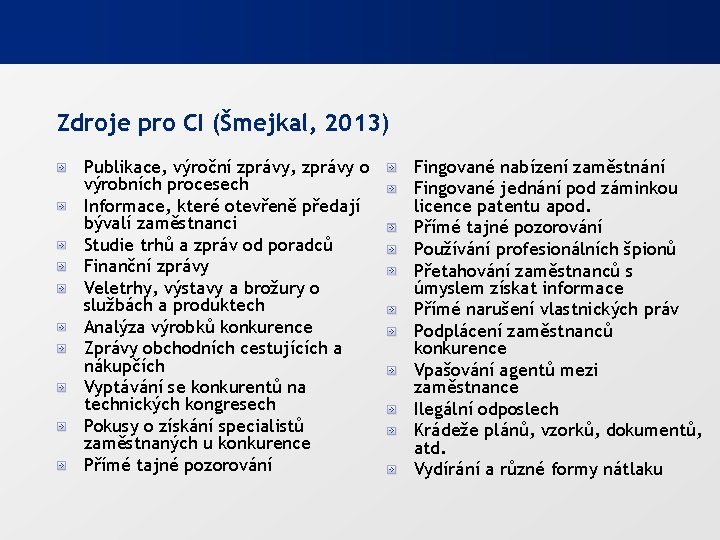 Zdroje pro CI (Šmejkal, 2013) Publikace, výroční zprávy, zprávy o výrobních procesech Informace, které