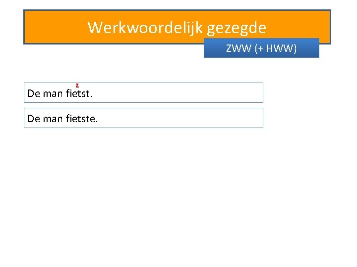 Werkwoordelijk gezegde ZWW (+ HWW) z De man fietste. 