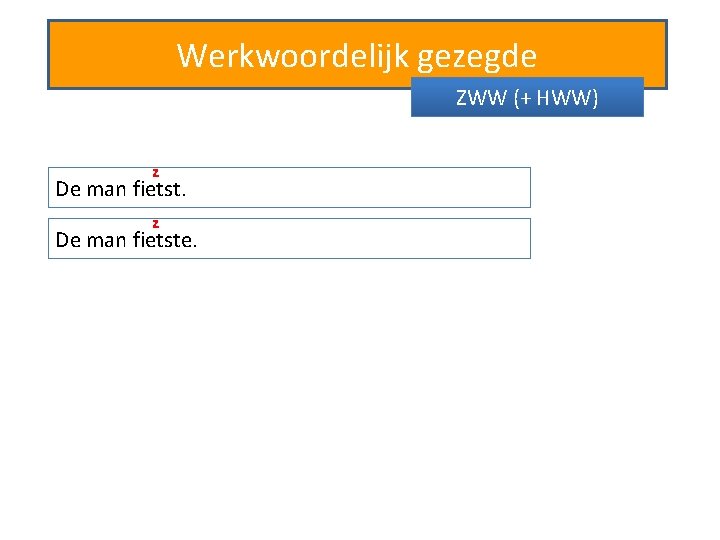 Werkwoordelijk gezegde ZWW (+ HWW) z De man fietste. 