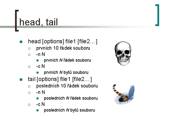 head, tail n head [options] file 1 [file 2…] ¡ ¡ prvních 10 řádek