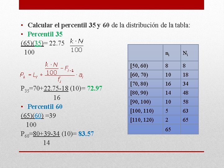  • Calcular el percentil 35 y 60 de la distribución de la tabla: