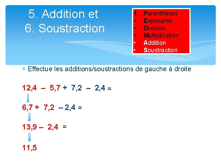 5. Addition et 6. Soustraction 1. • • • Parenthèses Exposants Division Multiplication Addition