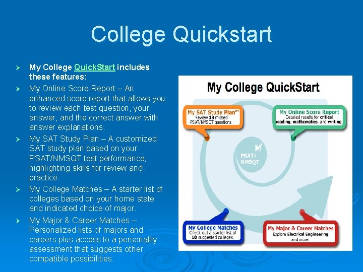 College Quickstart Ø Ø Ø My College Quick. Start includes these features: My Online