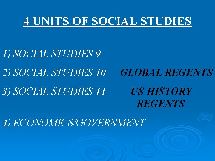 4 UNITS OF SOCIAL STUDIES 1) SOCIAL STUDIES 9 2) SOCIAL STUDIES 10 3)